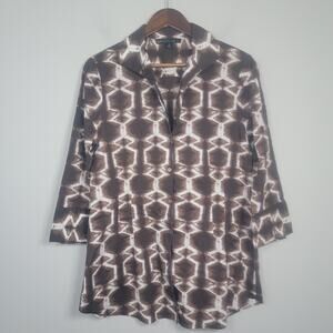 Lafayette 148 Blouse Womens 12 Button Up 3/4 Sleeve Cotton Brown White